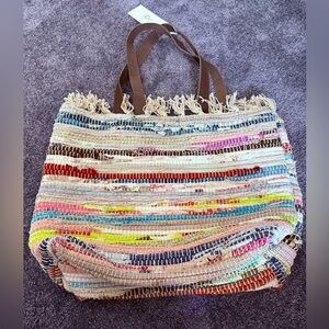Raj Woven Carpet Tote with Fringe Leather Handles Women NWT